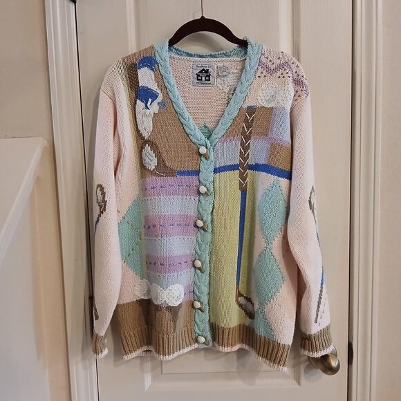 Vintage Handknits by Storybook Knits Knitted Argyle Golf Cardigan Sweater Sz S - Picture 1 of 8